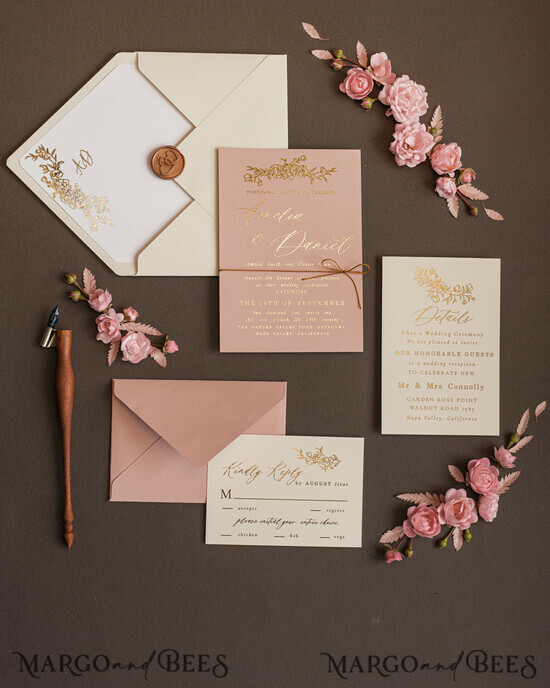 1, A6 invitation & envelope silk Made by Mika Luxury foil printed wedding invitations FLORAL TROPICAL GOLD FOIL LEAVES envelopes