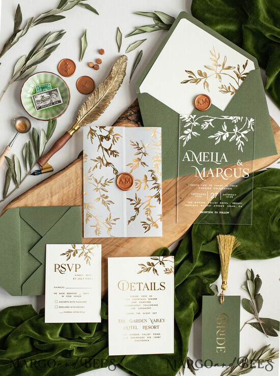 WEDDING INVITATIONS gold / rose gold / silver / glitter Greece Olive Branch Wedding Invitation, Acrylic olive green wedding invitation cards, Gold Wedding Invites 03/akrylKALlak/z