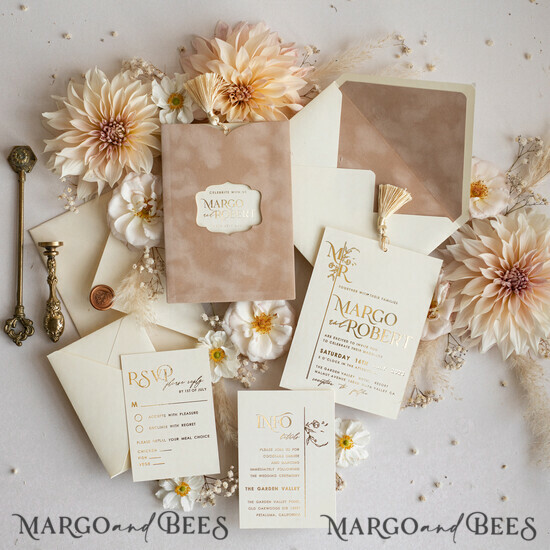 WEDDING INVITATIONS gold / rose gold / silver / glitter Custom Wedding invitations  velvet crem pocket, Elegant gold tassel Wedding Invitations, Gold Wedding Invitation Suite,  Luxury wedding Cards 03/goldvelvet/z