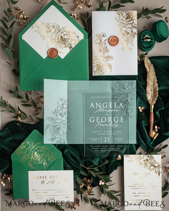 WEDDING INVITATIONS gold / rose gold / silver / glitter Greenery Gold wedding invitations, Glamour Acrylic  Wedding Invitations • Glitter Emerald Green Wedding Invitation Suite • Luxury Wedding Cards with Wax Seal 02/akrylKALlak/z