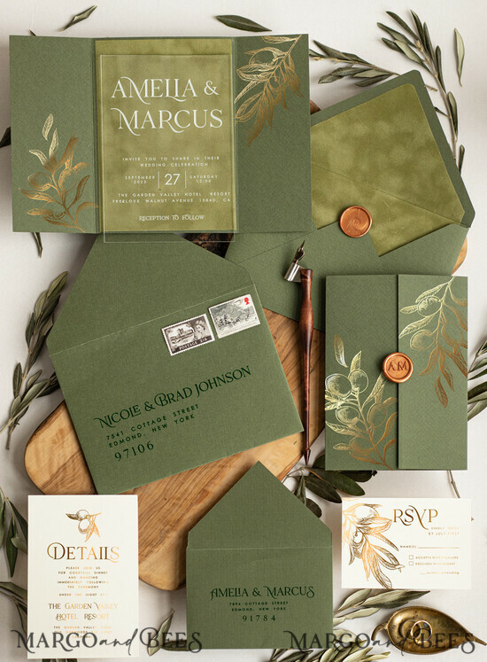 WEDDING INVITATIONS gold / rose gold / silver / glitter Velvet olive green Wedding invitations designs, Acrylic Wedding Invitations cards, Golden Shine Wedding Invitation Suite, Luxury Wedding Cards 09/velakryllak/z
