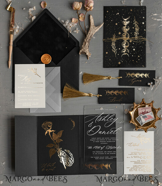 WEDDING INVITATIONS gold / rose gold / silver / glitter Halloween Moon phases Wedding Invitations Suite, Black Invitations, Spooky Halloween Invites, Gothic Wedding Invitation Cards, Skeleton Wedding Set black and gold 01/velGPxBMoon/zHalwn