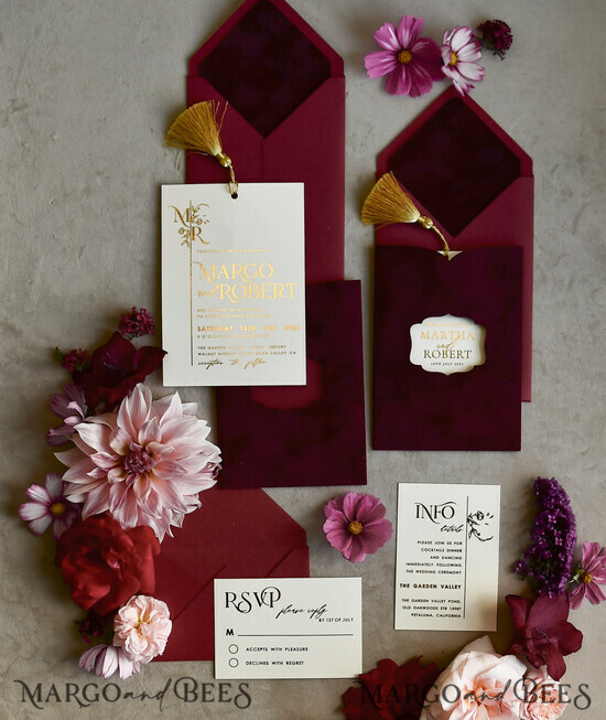 WEDDING INVITATIONS gold / rose gold / silver / glitter Maroon wedding invitation, velvet burgundy and gold wedding invites , royal crimson wedding cards 05/goldvelvet/z