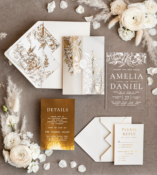 Personalised ROSE GOLD & MARBLE EFFECT FRAME wedding invitations packs of 10 