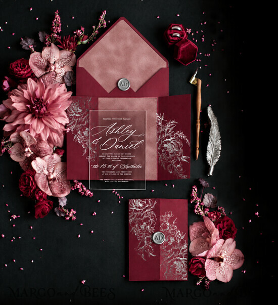 WEDDING INVITATIONS gold / rose gold / silver / glitter Luxury Red Velvet Wedding Invitations, Elegant Plexi Acrylic Wedding Cards, Glamour Burgundy Arabic Wedding Invites, Indian Golden Shine Wedding Invitation Suite 08/velakryllak/z