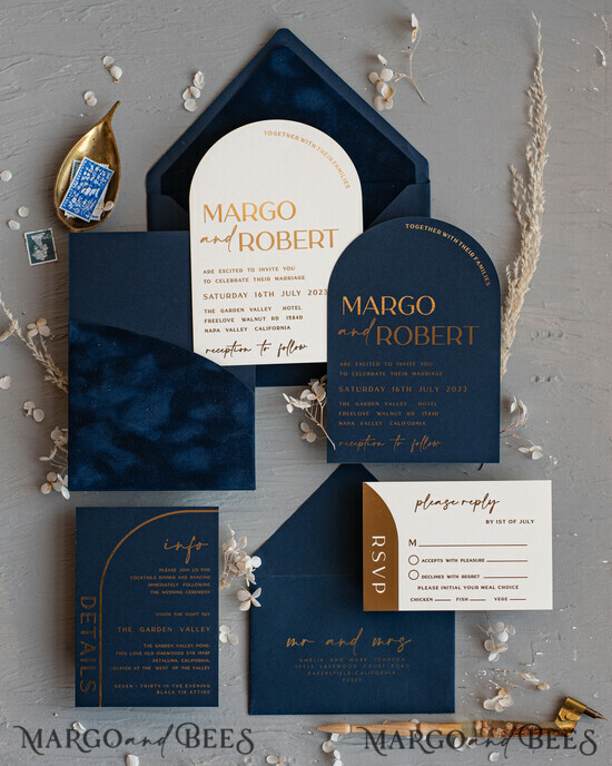 WEDDING INVITATIONS gold / rose gold / silver / glitter Elegant Arch Wedding Invitations Navy Blue, Velvet Pocket Dark blue Gold Modern Wedding, Wedding Invitation Suite, Arch Velvet Pocket Invitation set 03/velGPx/z
