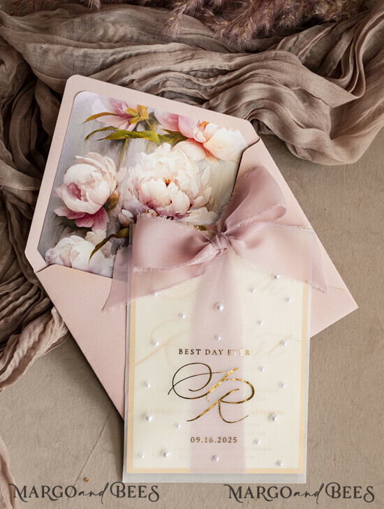 WEDDING INVITATIONS gold / rose gold / silver / glitter Blush Pink Chiffon bow beaded bespoke Elegant Peony Rose Gold Wedding Invitation Suite, White Perls Golden Wedding Cards, Boho golden folder Wedding Stationery, Vellum etui with monogram 04/PerE/z