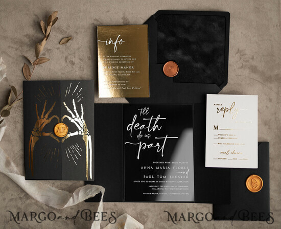 WEDDING INVITATIONS gold / rose gold / silver / glitter Halloween Gold Wedding Invitations, Black Gloss Acrylic Invitation set, Spooky plexi Invites Goth Wedding Invitation Cards, Gold Skeleton Wedding Set 01/blackgold/zHalwn