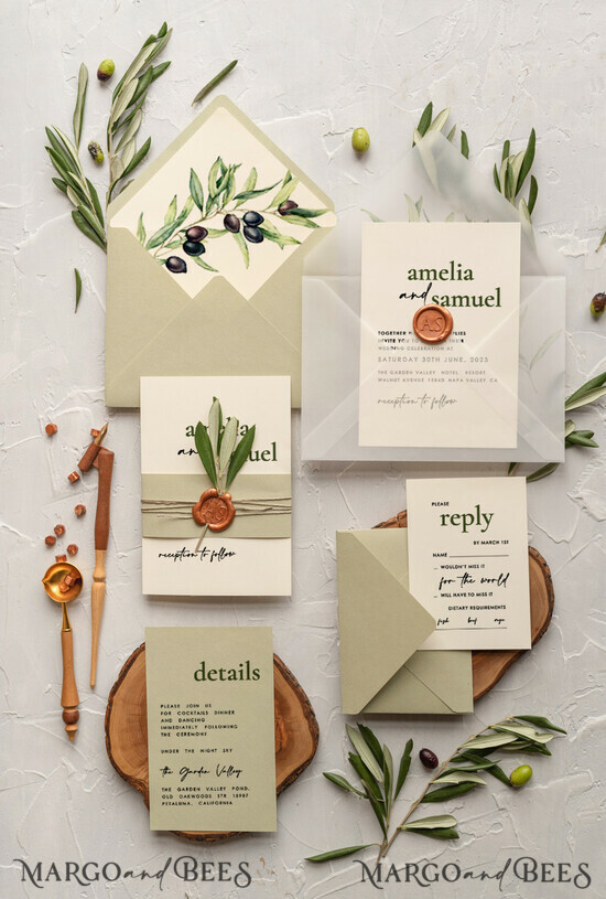WEDDING INVITATIONS Modern Invites Floral Cards Handmade wedding invitation, Olives Tuscany Wedding invitations, Greek Travel Wedding Stationery, Natural Olives Luxury wedding Invites 04/OL/z