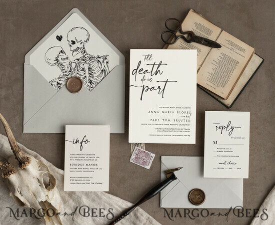 WEDDING INVITATIONS Modern Invites Floral Cards Halloween Wedding Invitations Suite, Black Invitations, Tarot Cards Invites, Gothic Wedding Invitation Cards, The Lovers Skeleton Wedding Set black 6/black/zHalwn