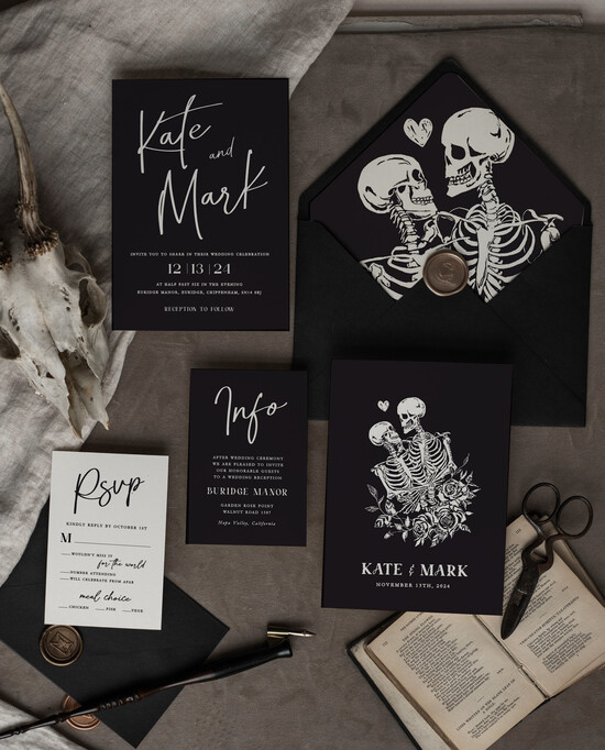 WEDDING INVITATIONS Modern Invites Floral Cards Halloween Wedding Invitations Suite, Black Invitations, Tarot Cards Invites, Gothic Wedding Invitation Cards, The Lovers Skeleton Wedding Set black 3/black/zHalwn