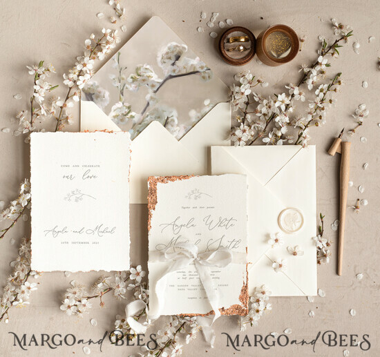 WEDDING INVITATIONS Modern Invites Floral Cards Personalised wedding invitation satin ribbon, Elegant wedding invitations, Fine Art Wedding Invitation Suite , Golden deckled edge paper  wedding Invites 04/splWSgold/z