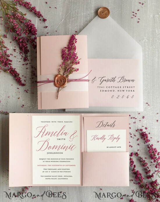 WEDDING INVITATIONS Modern Invites Floral Cards  Romantic Blush Pink Wedding Invitations, Elegant Wedding Invitation Suite With Heather, Delicate Vellum Wedding Invites, Minimalistic Wedding Cards 01/heather/z