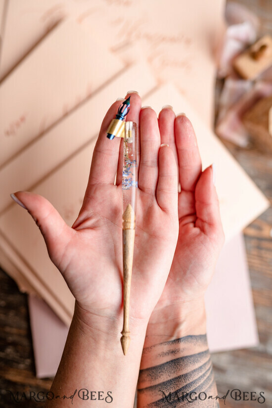 Wood and resin English Oblique Pen, Handmade resin baby breath flowers  Wooden Antique Dip Pen, Wood