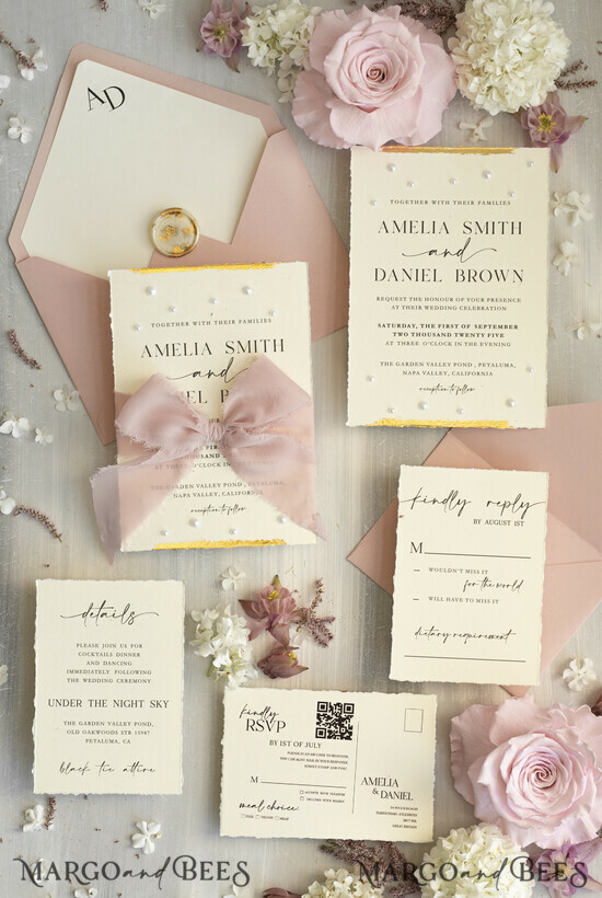 WEDDING INVITATIONS modern calligraphy / fine art Sage green  Fine Art Wedding Invitations with Gold Leaf, Deckled Edges, RSVP  qr code Silk Ribbon Bespoke Elegant Wedding Suite 03/DEsuP/z