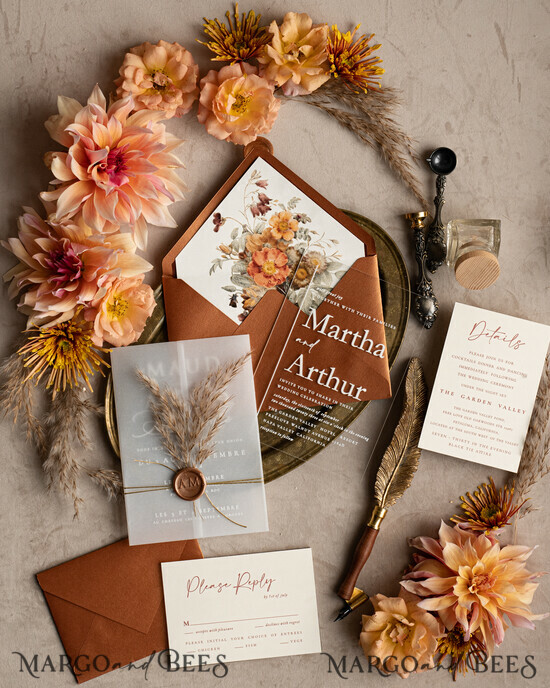 HOCHZEITS EINLADUNGEN moderne Kalligraphie / feine Kunst Herbst Terracotta Acryl Hochzeitskarten Set, Echte Pampasgras Florale Hochzeitskarten, Kupfer Französische Provence Einladungset, Rost Pampasgras Boho Hochzeitskarten Set, Moderne Fein Kunst Burnt Orange Hochzeitskarten Set 04/DEsuAC/z