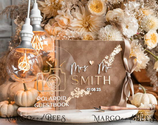 beige Gold Presonalised Wedding Guest Book and arch acrylic Instax Sign  Black Pages, Velvet Memory Photo Booh Book and Clear Sign Set Fall Wedding