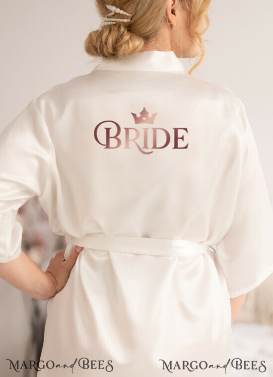 White satin wedding robe for Bride with rose gold inscription, Elegant Rose  Gold Wedding Robe, Bride Wedding GIft