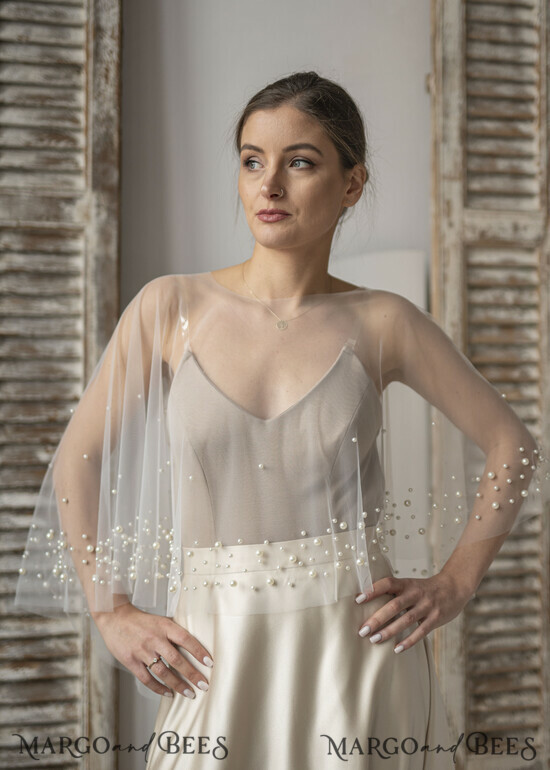 long mesh tulle beaded perals bride wedding coverup