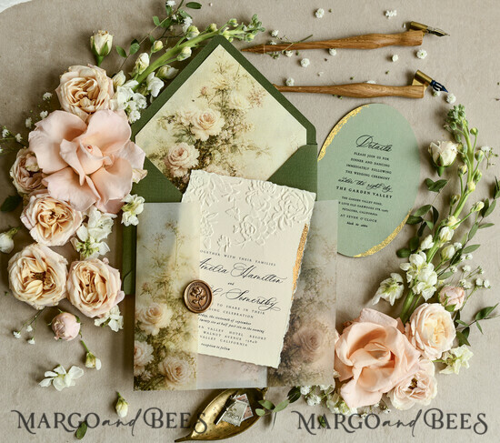 WEDDING INVITATIONS embossed invites  Wedding Invitation, Golden deboss Roses Floral Wedding Invitation,  02/emBbow/z