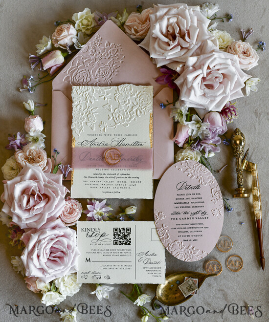 WEDDING INVITATIONS embossed invites Blush Pink Wedding Invitations – Embossed Floral Invitations with Chiffon Ribbon, Deckled Edges, Wax Seal 01/emBchiff/z