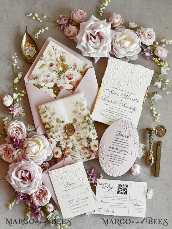 WEDDING INVITATIONS embossed invites Blush Pink Floral Wedding Invitations – Fine Art Invitations with Embossed Details, Floral Envelope Liners 01/emBkalk/z