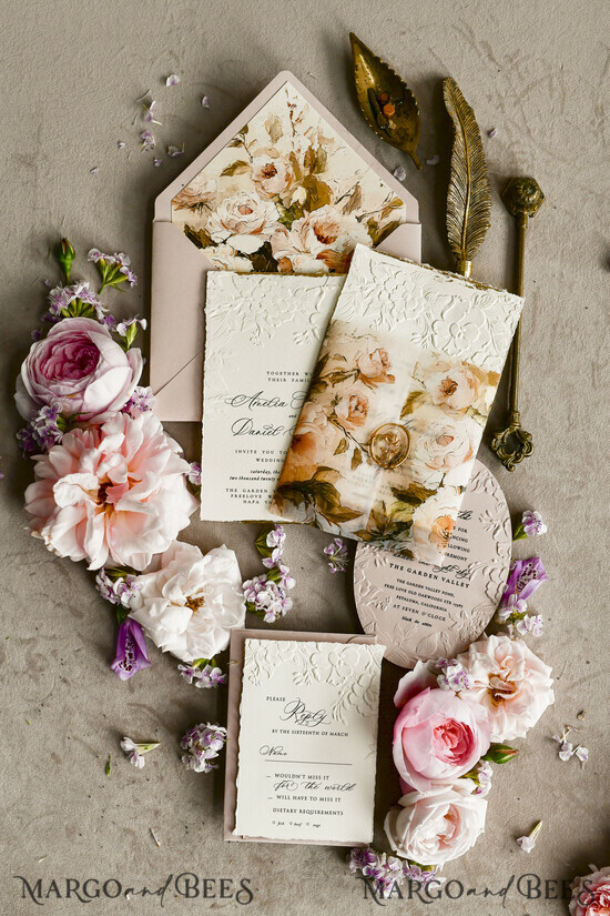 WEDDING INVITATIONS embossed invites Blush Pink Velvet Wedding Invitations – Embossed Floral Invitations with Deckled Edges, Wax Seal & Fine Art Paper 02/emBVevet/z