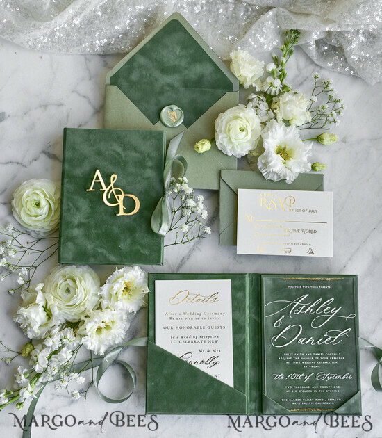 HOCHZEITS EINLADUNGEN Plexiglas Acrylspiegel Samtumschläge Klare Hochzeitskarten, Elegante staubblaue Hochzeitskarten, Acryl-Hochzeitseinladungen, Spiegelgold Plexi Einladungssuite 03/Cvpx/z