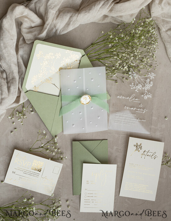 WEDDING INVITATIONS plexi acrylic mirror Sage Green Frozen Transparent Baby Breath Wedding Invitations, Elegant Garden Gypsophila Wedding Cards, Greenery Acrylic  Wedding Invites, Clear Plexi Wedding Invitation Suite 01/TpearlsG/z