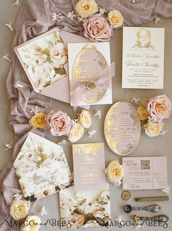 WEDDING INVITATIONS Vintage Baroque Vintage Baroque Wedding Invitation suite  Beige Golden Fine art Roses Wedding Invitations with rsvp Victorian wedding crest Chinoiserie Invites Royal Ornamental frame 05/BRque/z25