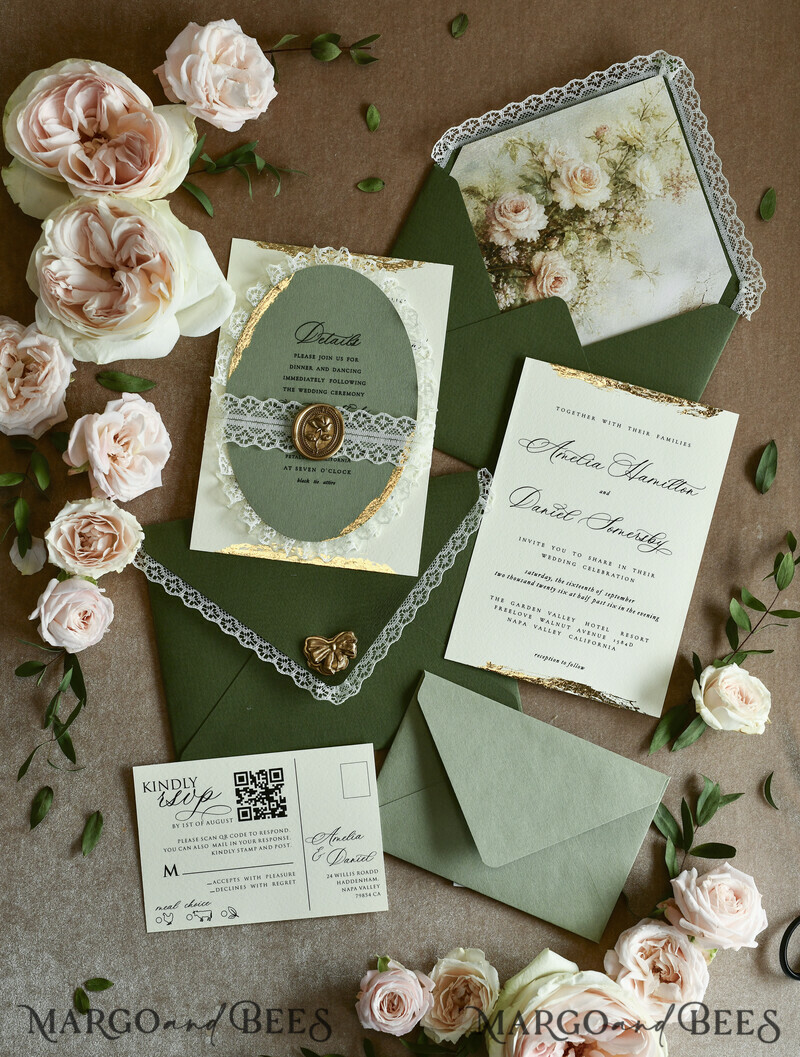 WEDDING INVITATIONS vintage lace/ rustic lace ivory lace Personalized Golden Wedding invitations Vintage Lace Invites golden
