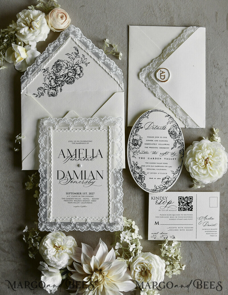 WEDDING INVITATIONS vintage lace/ rustic lace Personalized Golden Wedding invitations Vintage Lace Invites off white