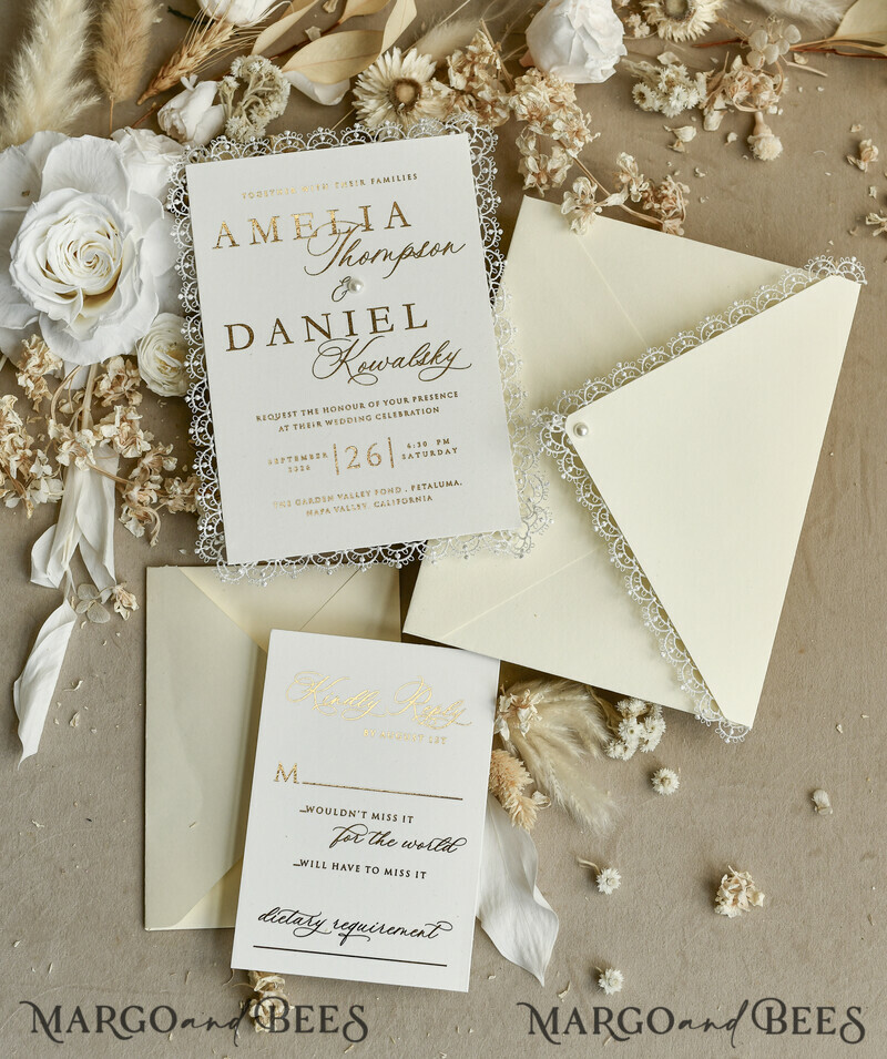 WEDDING INVITATIONS vintage lace/ rustic lace Personalized Golden Wedding invitations Vintage Lace Invites Ivory