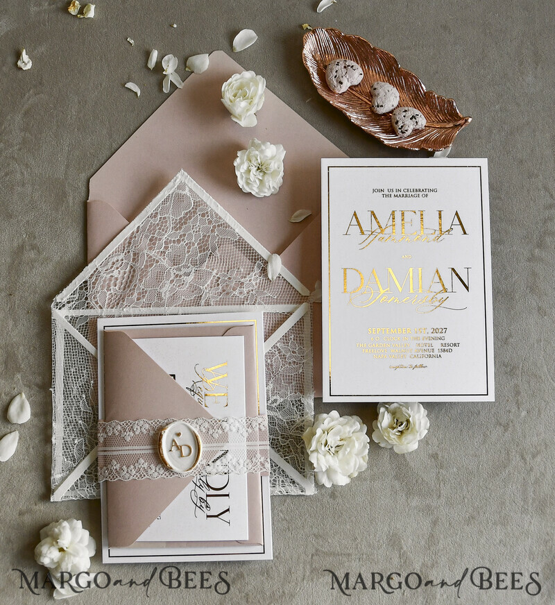 WEDDING INVITATIONS vintage lace/ rustic lace Luxury French Lace Wedding Invitations with Double Envelope Black & Gold Wedding Invitation Suite