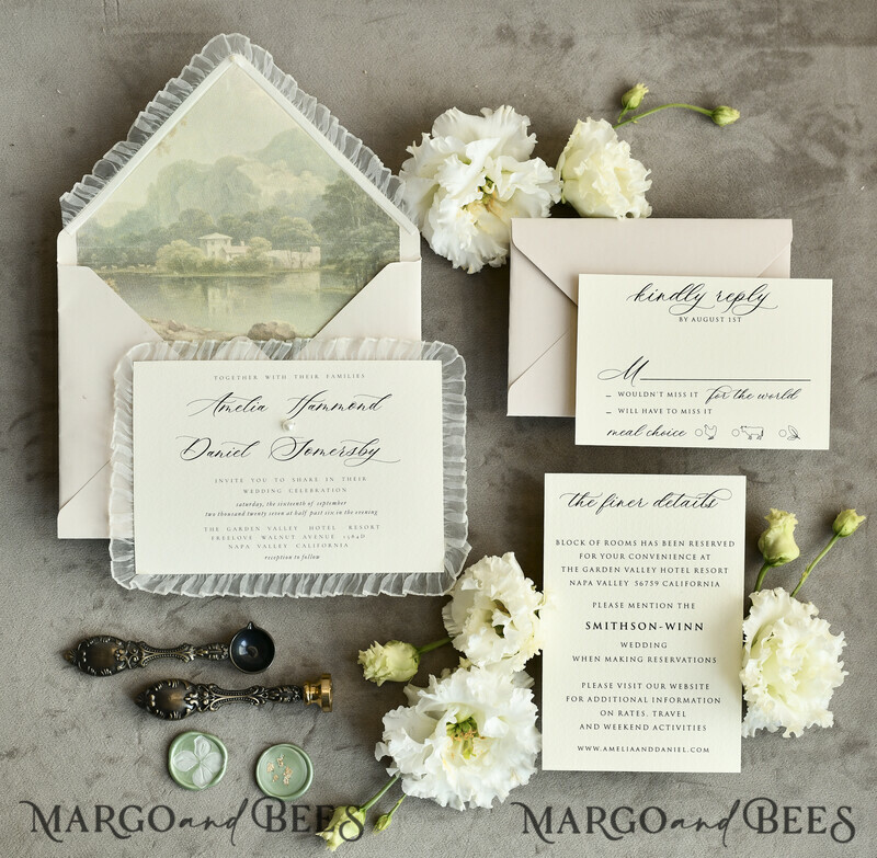 WEDDING INVITATIONS vintage lace/ rustic lace Personalized ivory Wedding invitations Vintage Lace Invites Sage green 