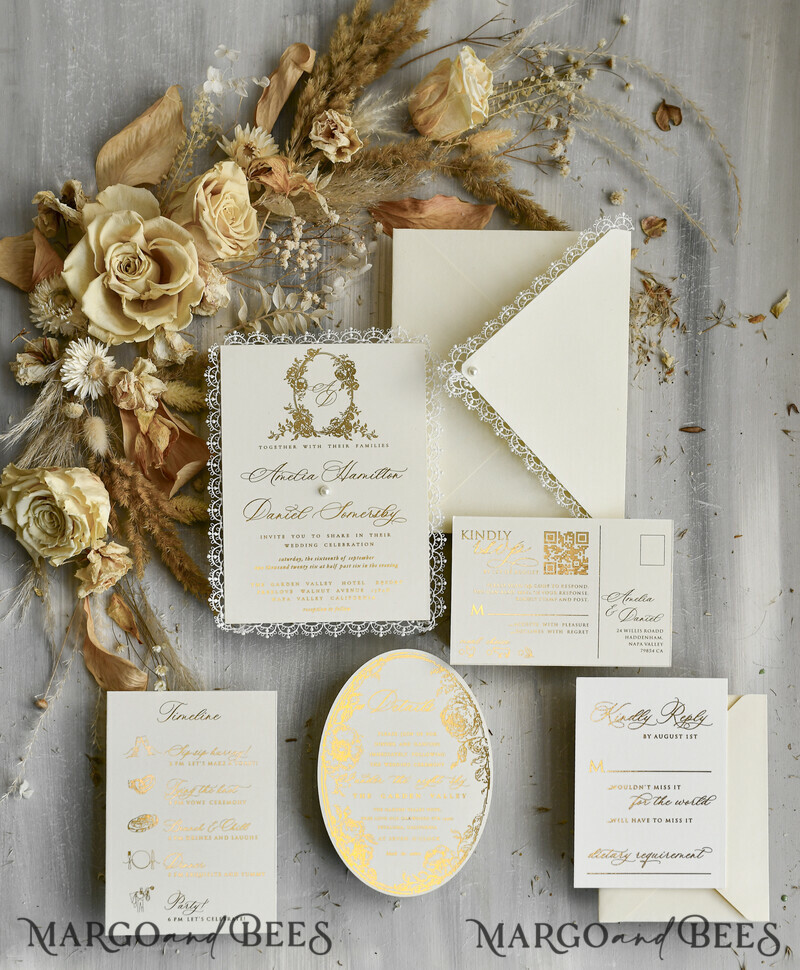 WEDDING INVITATIONS vintage lace/ rustic lace Personalized Golden Wedding invitations Vintage Lace Invites Ivory