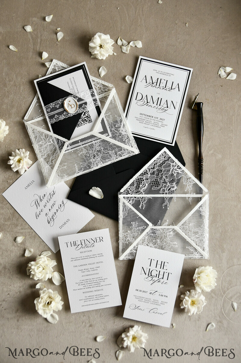 WEDDING INVITATIONS vintage lace/ rustic lace Luxury French Lace Wedding Invitations with Double Envelope | Elegant Black & Ivory Wedding Invitation Suite