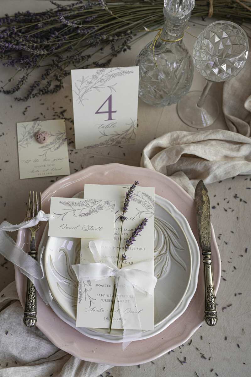 MENU & PROGRAMS romantic Lavender Floral Wedding Menu, Luxury Ecru Dinner Menu, Chiffon Ribbon Wedding Menu, Elegant Reception Menu Cards