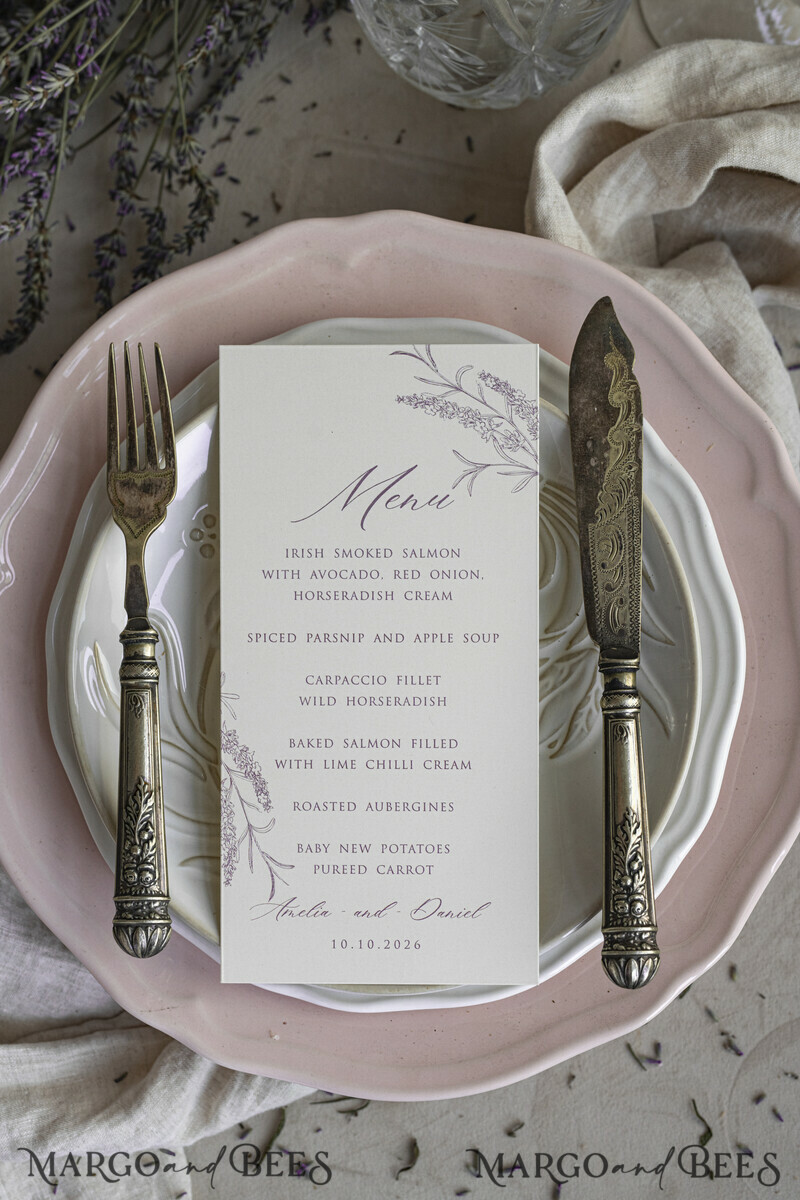MENU & PROGRAMS romantic Lavender Floral Wedding Menu, Luxury Ecru Dinner Menu, Chiffon Ribbon Wedding Menu, Elegant Reception Menu Cards