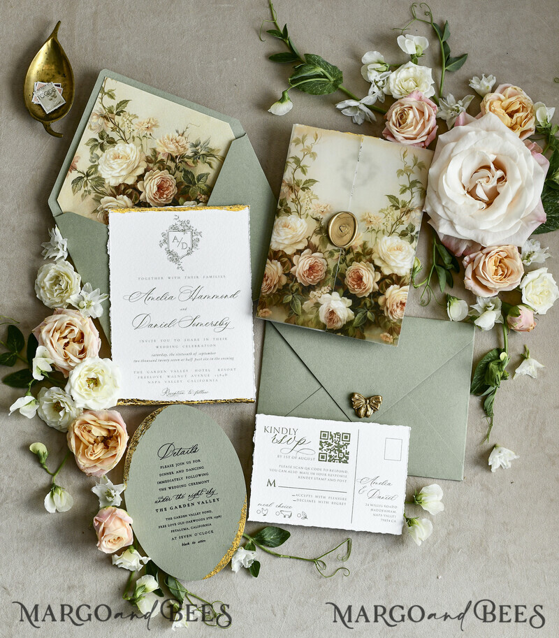 WEDDING INVITATIONS modern calligraphy / fine art Sage Green Fine Art Wedding Invitations – Deckled Edge Invitations with Silk Ribbon, Wax Seal & RSVP Options