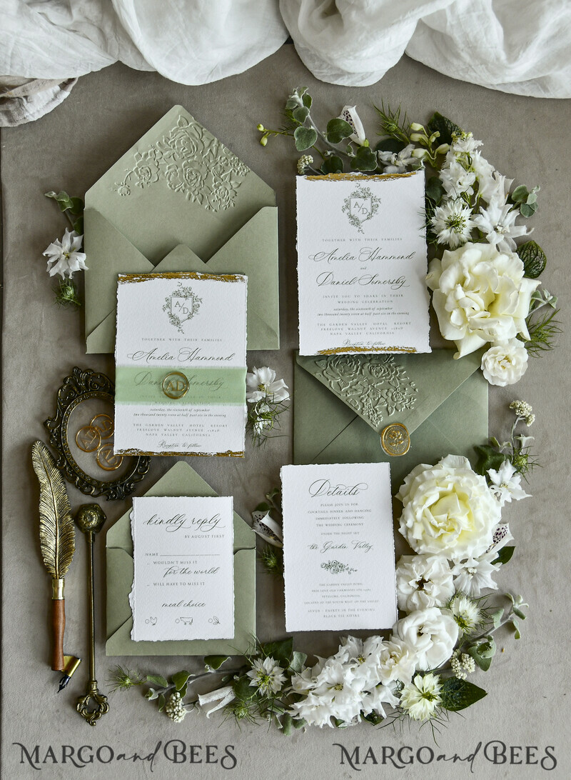 WEDDING INVITATIONS modern calligraphy / fine art Sage Green Fine Art Wedding Invitations – Deckled Edge Invitations with Silk Ribbon, Wax Seal & RSVP Options