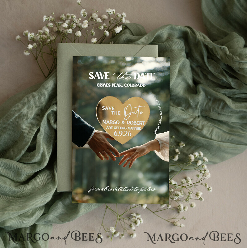SAVE THE DATES photo magnets Personalised Photo Travel Save the Date Heart Gold Acryl Magnet and Card, Wedding Photo Save The Dates  Magnets, Photo Save The Date Cards