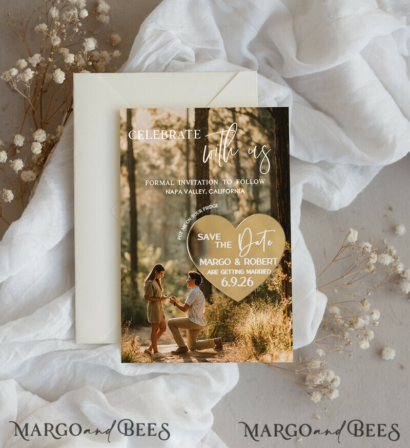 SAVE THE DATES photo magnets Personalised Photo Travel Save the Date Heart Gold Acryl Magnet and Card, Wedding Photo Save The Dates  Magnets, Photo Save The Date Cards