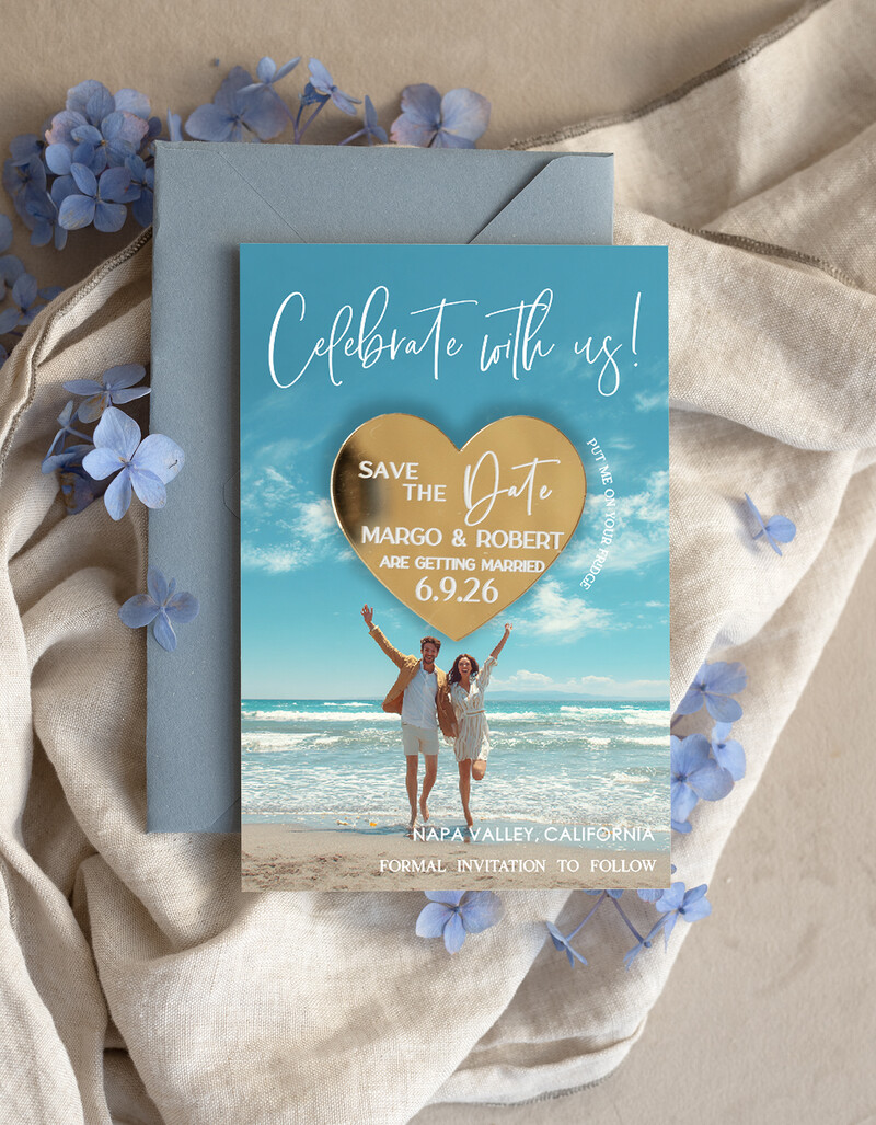 SAVE THE DATES photo magnets Personalised Photo Travel Save the Date Heart Gold Acryl Magnet and Card, Wedding Photo Save The Dates  Magnets, Photo Save The Date Cards