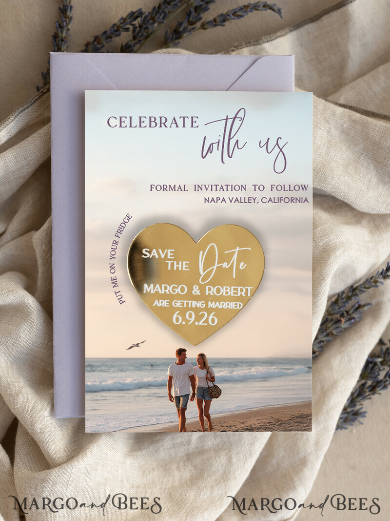 SAVE THE DATES photo magnets Personalised Photo Travel Save the Date Heart Gold Acryl Magnet and Card, Wedding Photo Save The Dates  Magnets, Photo Save The Date Cards