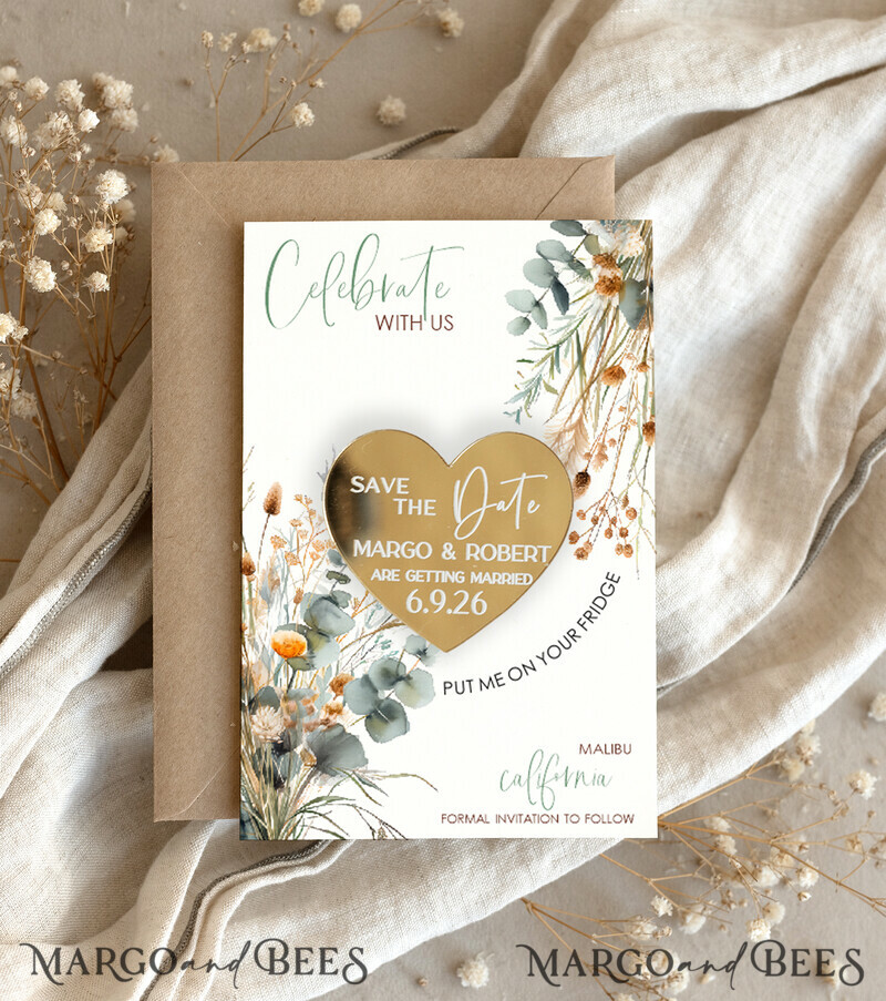 SAVE THE DATES acrylic gold magnets Personalised Gold Acrylic Save the Date Magnet and Boho Card, Gold Wedding Save The Dates Plexi Magnets, Wedding Boho Save The Date Cards