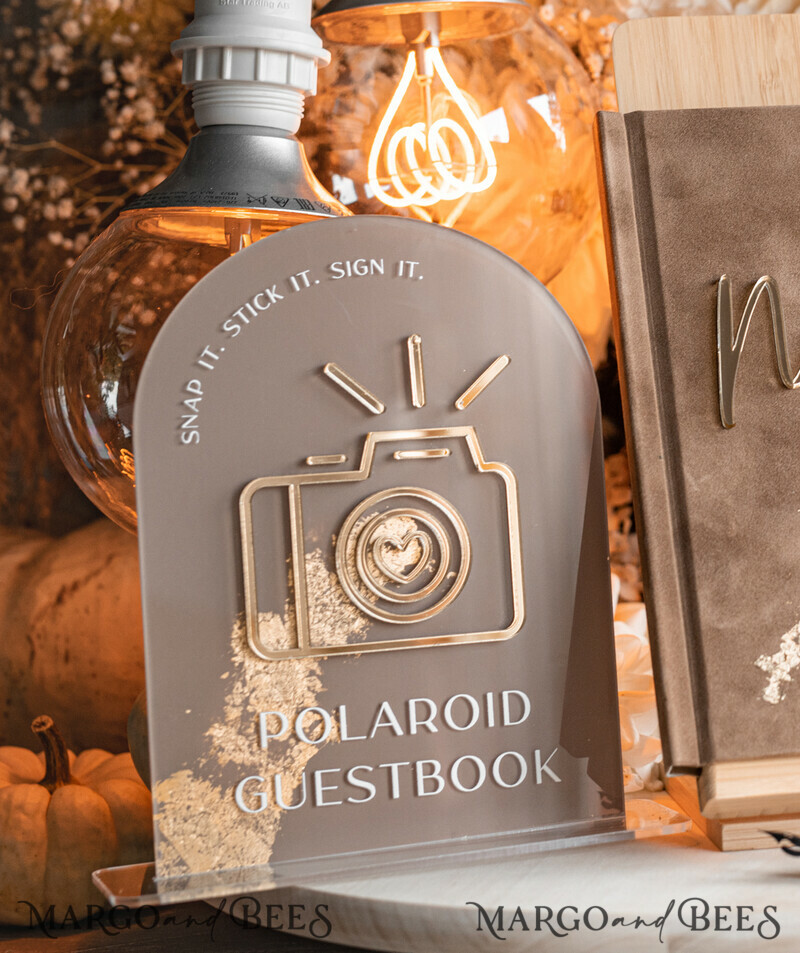 TABLE DECOR SIGNS Guestbook & Cards Gifts Signs beige painted Acrylic sign Our guestbook Sign, Arch  Polaroid Guestbook Sign, Nude Gold Plexi Sign Our guestbook, Taupe Instax Wedding Table Decor, Wedding Signage Golden Mirror Guestbook Sign with stand