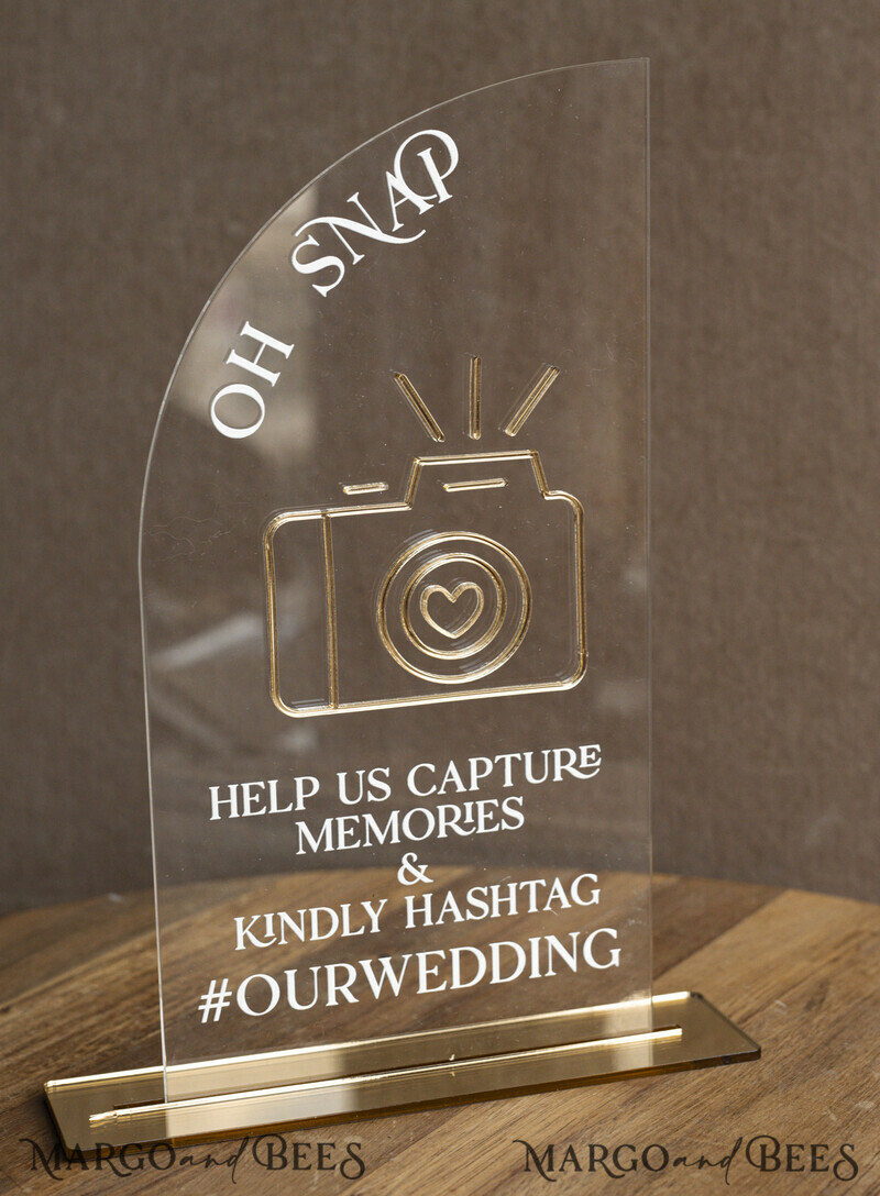 TABLE DECOR SIGNS Guestbook & Cards Gifts Signs Acrylic Arch Oh Snap & cards and gifts sign Combo, Clear gold Mirror  Wedding hashtag and Thank you Sign Bulk, Gold Plexi card box sign and Tag Us In That Set,  Wedding Table Decor Signage