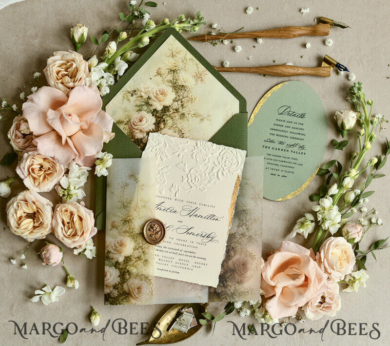 WEDDING INVITATIONS embossed invites  Wedding Invitation, Golden deboss Roses Floral Wedding Invitation, 