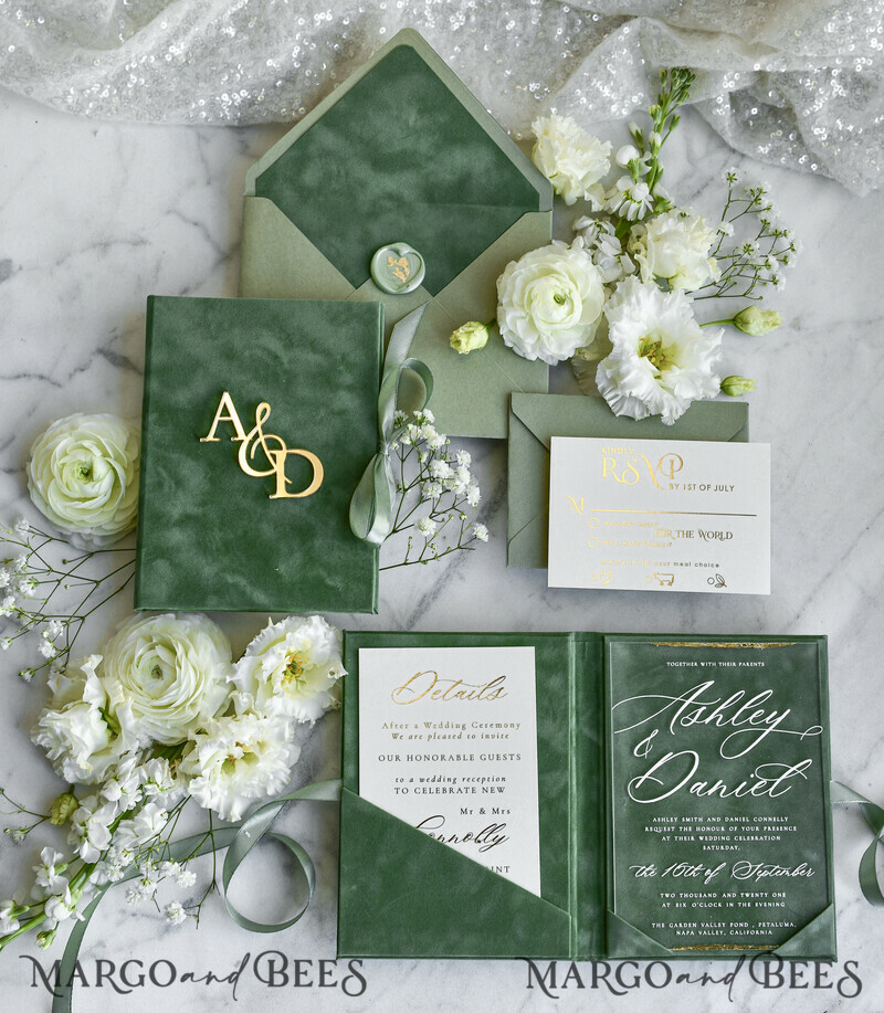 WEDDING INVITATIONS plexi acrylic mirror velvet Cover Clear Wedding Invitations, Elegant sage green Wedding Cards,  Acrylic Wedding Invites, Mirror Gold Plexi Invitation Suite
